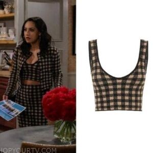 ALTUZARRA Argia Gingham black & tan Lyocell blend knit Crop Tank Top, large.